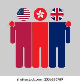 Flat illustration of three human figures with USA, Hong Kong, and UK flags as heads. Minimalistic design, isolated background.