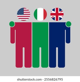 Flat illustration of three human figures with USA, Italy, and UK flags as heads. Minimalistic design, isolated background.