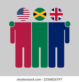 Flat illustration of three human figures with USA, Jamaica, and UK flags as heads. Minimalistic design, isolated background.