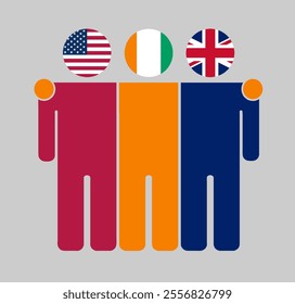 Flat illustration of three human figures with USA, Ivory Coast, and UK flags as heads. Minimalistic design, isolated background.