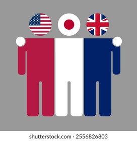 Flat illustration of three human figures with USA, Japan, and UK flags as heads. Minimalistic design, isolated background.