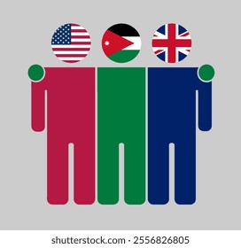 Flat illustration of three human figures with USA, Jordan, and UK flags as heads. Minimalistic design, isolated background.