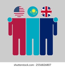 Flat illustration of three human figures with USA, Kazakhstan, and UK flags as heads. Minimalistic design, isolated background.