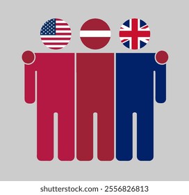 Flat illustration of three human figures with USA, Latvia, and UK flags as heads. Minimalistic design, isolated background.