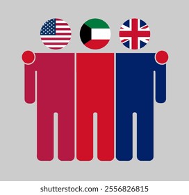 Flat illustration of three human figures with USA, Kuwait, and UK flags as heads. Minimalistic design, isolated background.