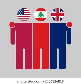 Flat illustration of three human figures with USA, Lebanon, and UK flags as heads. Minimalistic design, isolated background.