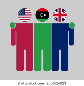 Flat illustration of three human figures with USA, Libya, and UK flags as heads. Minimalistic design, isolated background.