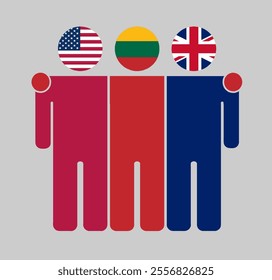 Flat illustration of three human figures with USA, Lithuania, and UK flags as heads. Minimalistic design, isolated background.