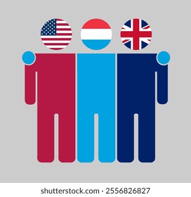 Flat illustration of three human figures with USA, Luxembourg, and UK flags as heads. Minimalistic design, isolated background.