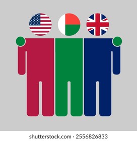 Flat illustration of three human figures with USA, Madagascar, and UK flags as heads. Minimalistic design, isolated background.