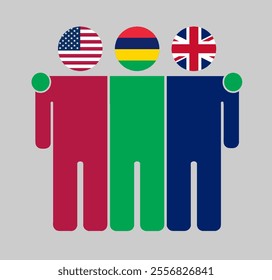 Flat illustration of three human figures with USA, Mauritius, and UK flags as heads. Minimalistic design, isolated background.