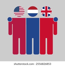 Flat illustration of three human figures with USA, Netherlands, and UK flags as heads. Minimalistic design, isolated background.