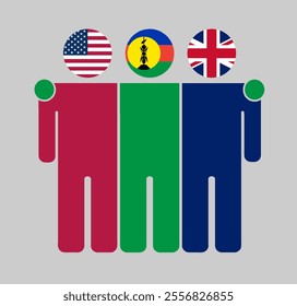 Flat illustration of three human figures with USA, New Caledonia, and UK flags as heads. Minimalistic design, isolated background.