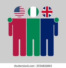 Flat illustration of three human figures with USA, Nigeria, and UK flags as heads. Minimalistic design, isolated background.