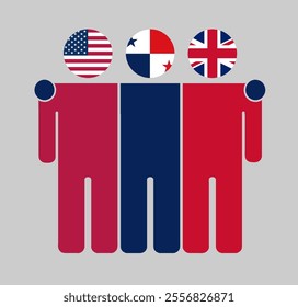 Flat illustration of three human figures with USA, Panama, and UK flags as heads. Minimalistic design, isolated background.