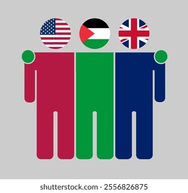 Flat illustration of three human figures with USA, Palestine, and UK flags as heads. Minimalistic design, isolated background.