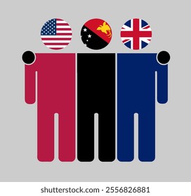 Flat illustration of three human figures with USA, Papua New Guinea, and UK flags as heads. Minimalistic design, isolated background.