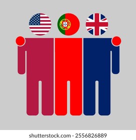 Flat illustration of three human figures with USA, Portugal, and UK flags as heads. Minimalistic design, isolated background.