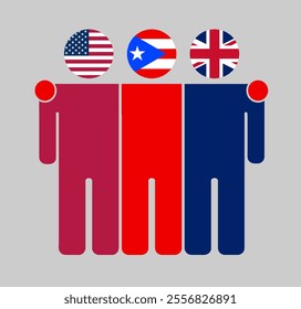 Flat illustration of three human figures with USA, Puerto Rico, and UK flags as heads. Minimalistic design, isolated background.