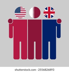 Flat illustration of three human figures with USA, Qatar, and UK flags as heads. Minimalistic design, isolated background.