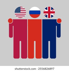 Flat illustration of three human figures with USA, Russia, and UK flags as heads. Minimalistic design, isolated background.