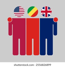 Flat illustration of three human figures with USA, Republic of the Congo, and UK flags as heads. Minimalistic design, isolated background.