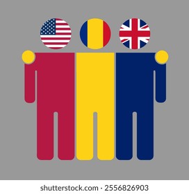 Flat illustration of three human figures with USA, Romania, and UK flags as heads. Minimalistic design, isolated background.