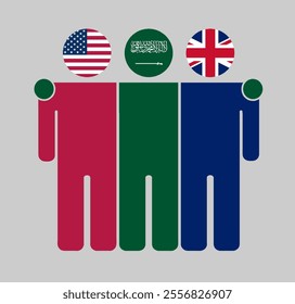 Flat illustration of three human figures with USA, Saudi Arabia, and UK flags as heads. Minimalistic design, isolated background.