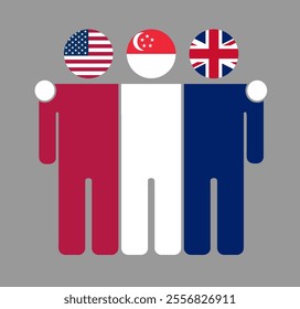 Flat illustration of three human figures with USA, Singapore, and UK flags as heads. Minimalistic design, isolated background.