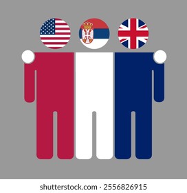 Flat illustration of three human figures with USA, Serbia, and UK flags as heads. Minimalistic design, isolated background.