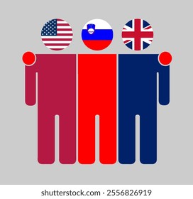 Flat illustration of three human figures with USA, Slovenia, and UK flags as heads. Minimalistic design, isolated background.