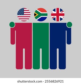 Flat illustration of three human figures with USA, South Africa, and UK flags as heads. Minimalistic design, isolated background.