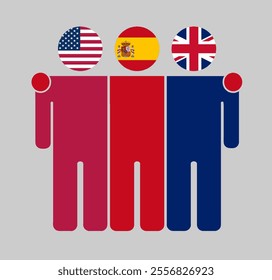 Flat illustration of three human figures with USA, Spain, and UK flags as heads. Minimalistic design, isolated background.