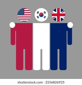 Flat illustration of three human figures with USA, South Korea, and UK flags as heads. Minimalistic design, isolated background.