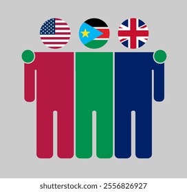 Flat illustration of three human figures with USA, South Sudan, and UK flags as heads. Minimalistic design, isolated background.