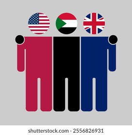 Flat illustration of three human figures with USA, Sudan, and UK flags as heads. Minimalistic design, isolated background.