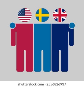 Flat illustration of three human figures with USA, Sweden, and UK flags as heads. Minimalistic design, isolated background.