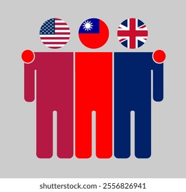 Flat illustration of three human figures with USA, Taiwan, and UK flags as heads. Minimalistic design, isolated background.