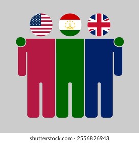 Flat illustration of three human figures with USA, Tajikistan, and UK flags as heads. Minimalistic design, isolated background.