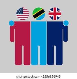 Flat illustration of three human figures with USA, Tanzania, and UK flags as heads. Minimalistic design, isolated background.