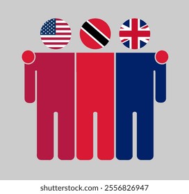 Flat illustration of three human figures with USA, Trinidad and Tobago, and UK flags as heads. Minimalistic design, isolated background.