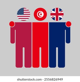 Flat illustration of three human figures with USA, Tunisia, and UK flags as heads. Minimalistic design, isolated background.