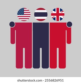 Flat illustration of three human figures with USA, Thailand, and UK flags as heads. Minimalistic design, isolated background.