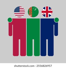 Flat illustration of three human figures with USA, Turkmenistan, and UK flags as heads. Minimalistic design, isolated background.