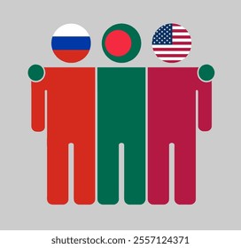 Flat illustration of three human figures with Russia, Bangladesh, and USA flags as heads. Minimalistic design, isolated background.