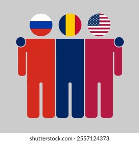 Flat illustration of three human figures with Russia, Chad, and USA flags as heads. Minimalistic design, isolated background.