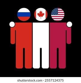 Flat illustration of three human figures with Russia, Canada, and USA flags as heads. Minimalistic design, isolated background.