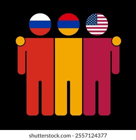 Flat illustration of three human figures with Russia, Armenia, and USA flags as heads. Minimalistic design, isolated background.