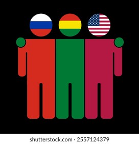 Flat illustration of three human figures with Russia, Bolivia, and USA flags as heads. Minimalistic design, isolated background.