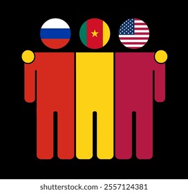 Flat illustration of three human figures with Russia, Cameroon, and USA flags as heads. Minimalistic design, isolated background.